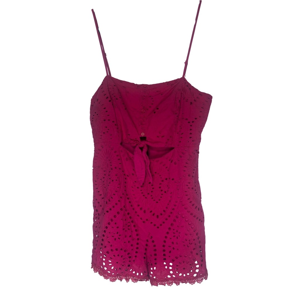 Lulus Magenta Pink Eyelet Lace Tie Front Romper Women Large Cutout Summer Boho